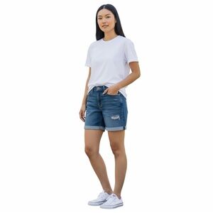 a.n.a Blue Distressed Roll-Cuff Jean Shorts